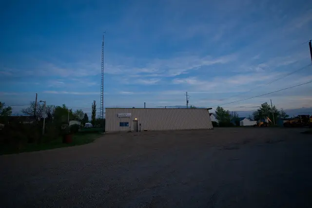 R.M. office building at dusk